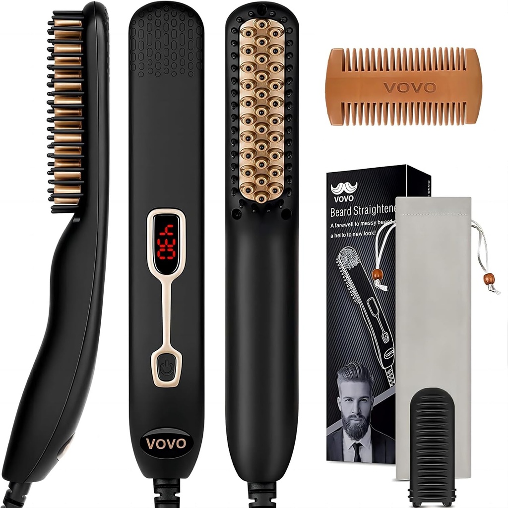 Comb de redresseur de barbe VOVO Professional 2 en 1 Lissage de barbe homme Brosse de redressage des cheveux chauffante Portable Anti-Burn 6 Température réglable avec affichage LED pour la maison et le voyage