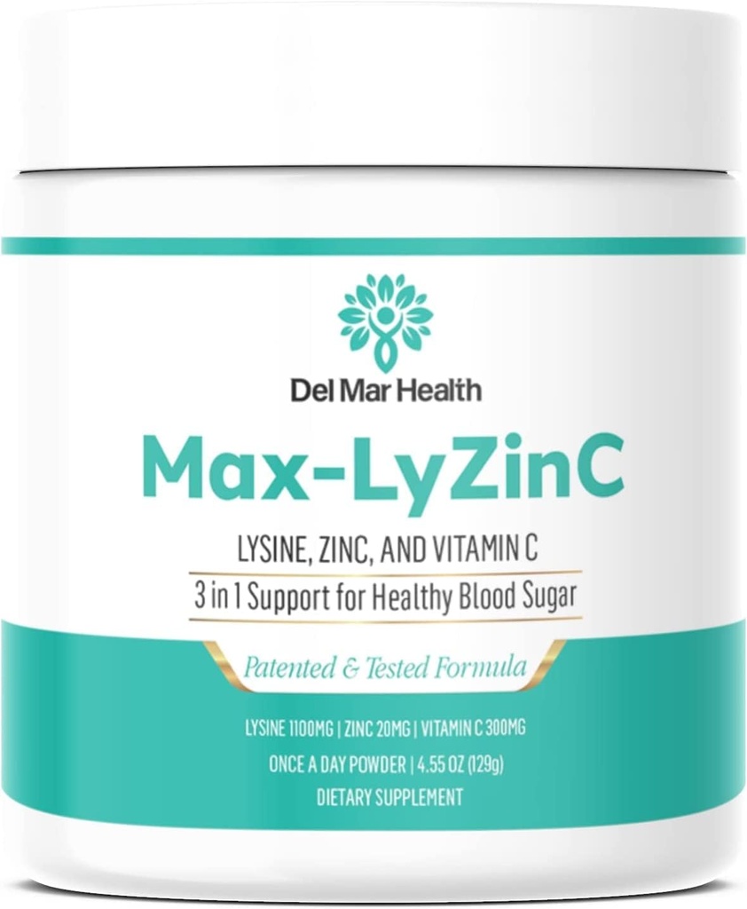 Max-LyZinC=L-Lysine 1100 mg + Zinc 6 mg + Vitamine C 100 mg - Supplément 3-en-1 pour maintenir le sucre dans le sang déjà dans l'intervalle sain - Poudre à une prise par jour