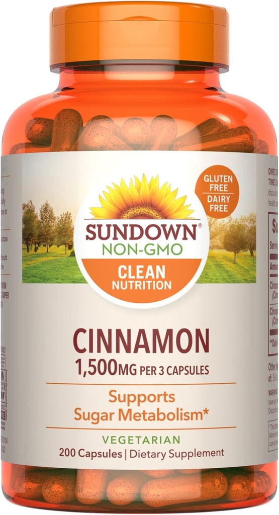 Capsules de cannelle Sundown, soutien du métabolisme du sucre, non-OGM, sans gluten, laitiers, arômes artificiels, 1000 mg, 200 capsules