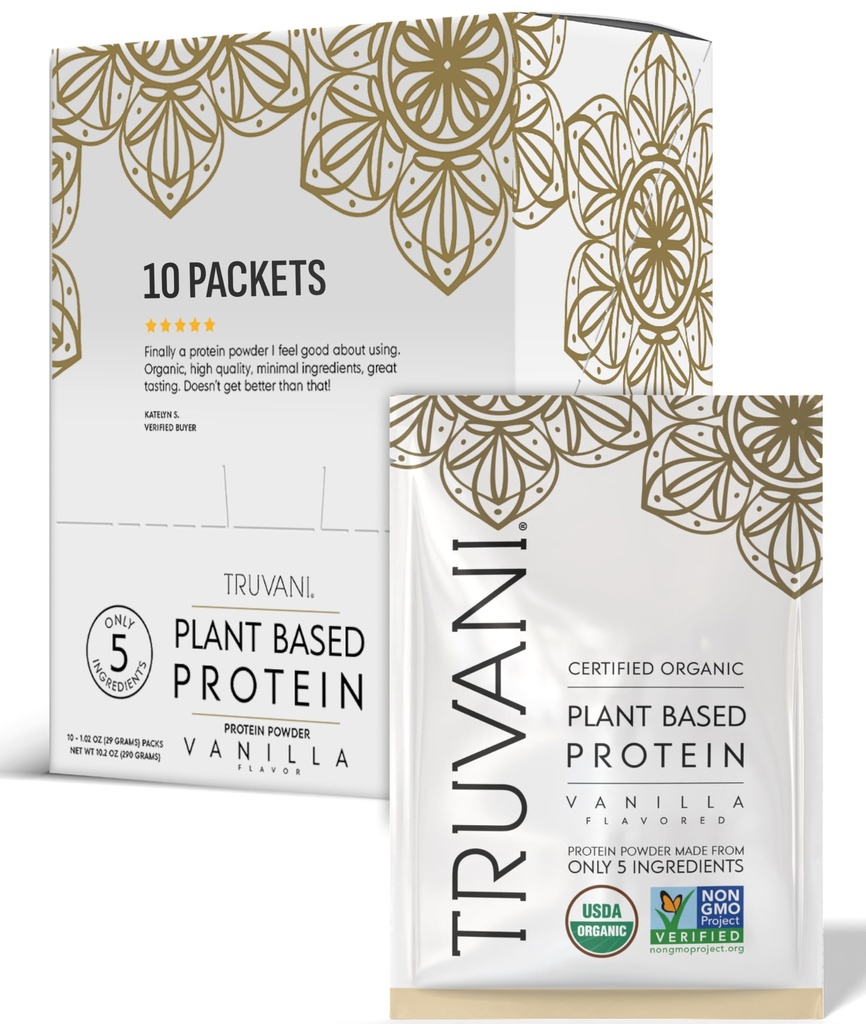 Truvani Vegan Powder Protéines de pois Vanille 20g Protéines organiques à base de plantes Packets de voyage de service unique de 10 portions de gluten et de produits laitiers sans gluten de faible teneur en glucides Pas de sucre ajouté