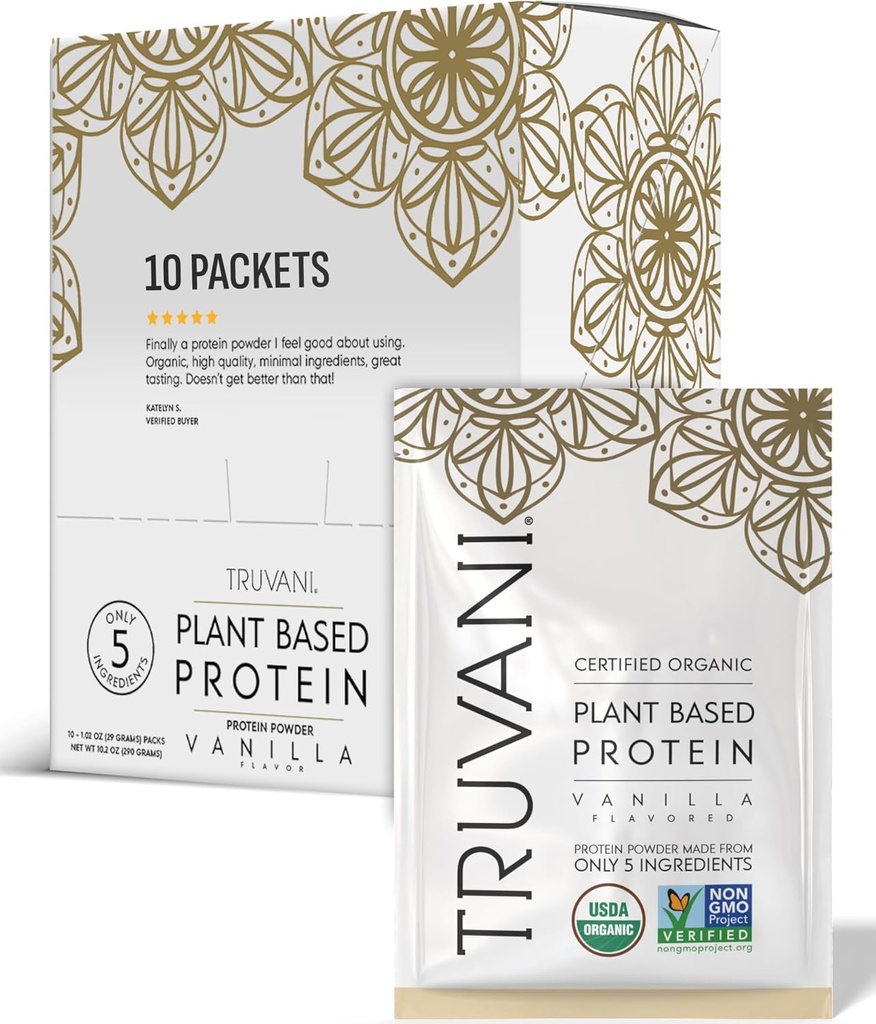Truvani Vegan Powder Protéines de pois Vanille 20g Protéines organiques à base de plantes Packets de voyage de service unique de 10 portions de gluten et de produits laitiers sans gluten de faible teneur en glucides Pas de sucre ajouté