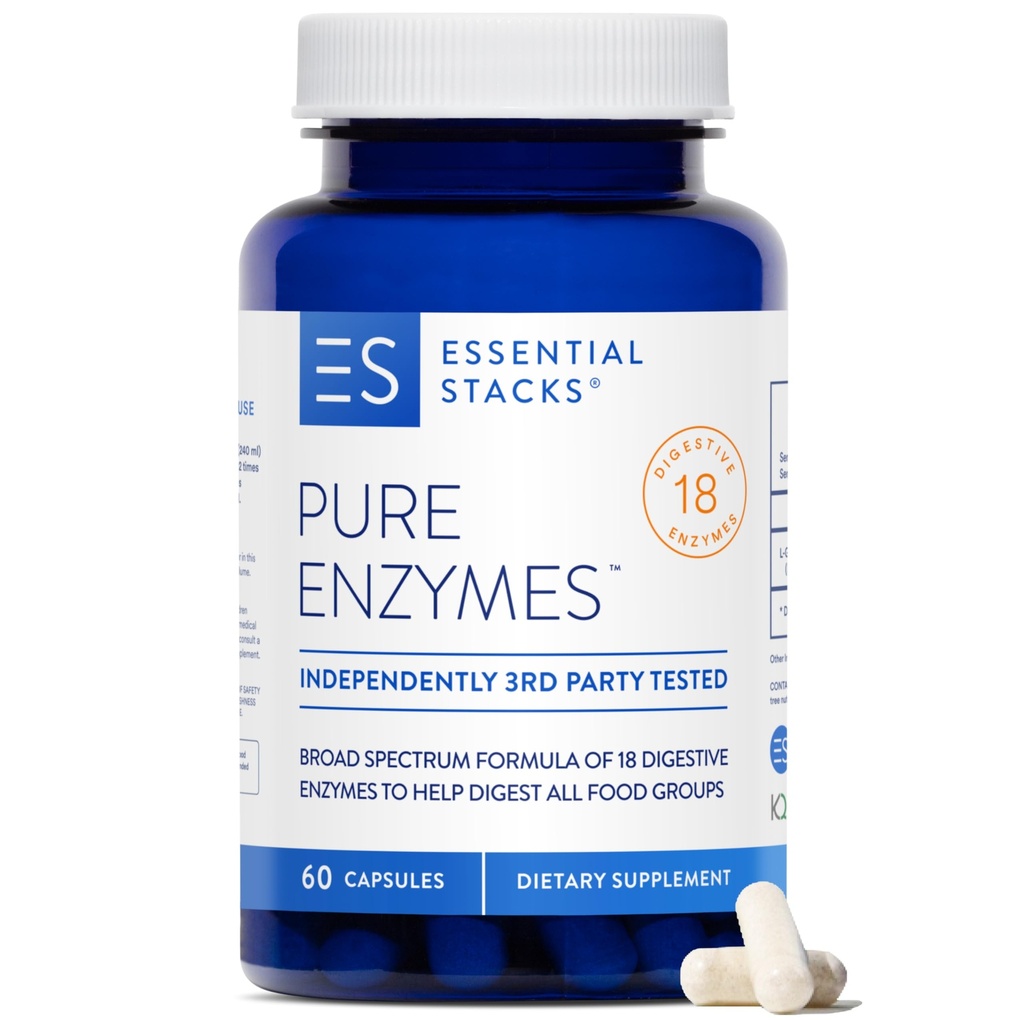 Piles essentielles Enzymes digestifs purs (sans gluten, sans lait et sans soja) - 18 Enzymes pour la digestion incluant Amylase, Lipase et Lactase - Végétariens et non-OGM (60 capsules)