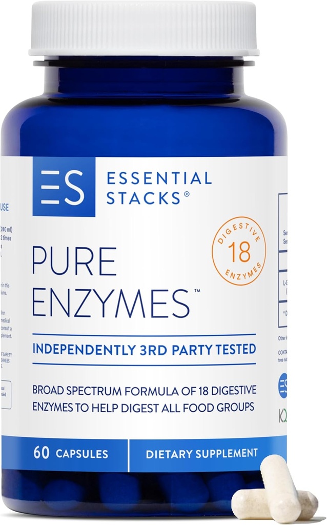 Piles essentielles Enzymes digestifs purs (sans gluten, sans lait et sans soja) - 18 Enzymes pour la digestion incluant Amylase, Lipase et Lactase - Végétariens et non-OGM (60 capsules)