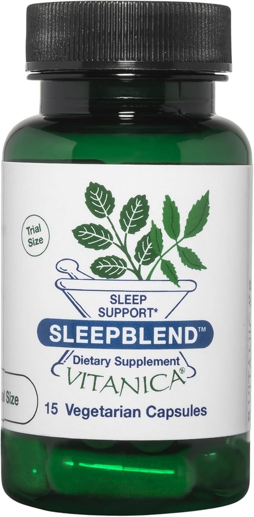 Vitanica SleepBlend - Soutien du sommeil et de la détente pour les femmes - Suppléments à base de plantes avec mélatonine, racine valériane, vitamine B2 & B12 & Magnésium - Pro Logo - 15 Caps végétaliens