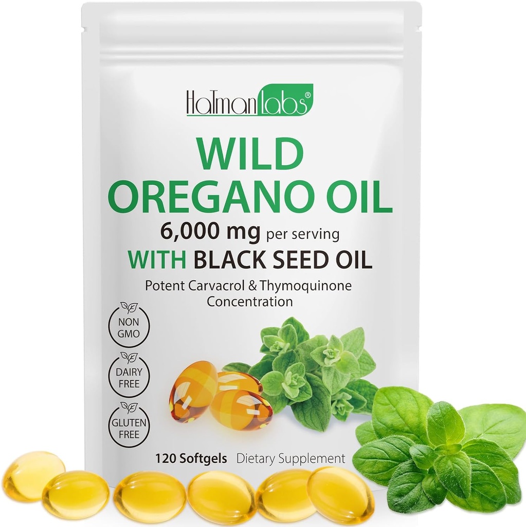 Capsules d'huile d'origan,2 en 1 6000mg Huile d'origan avec huile de graines noires, huile d'origan sauvage Immmune et support antioxydant,non-OGM,sans gluten,120 Softgels (1 sac)
