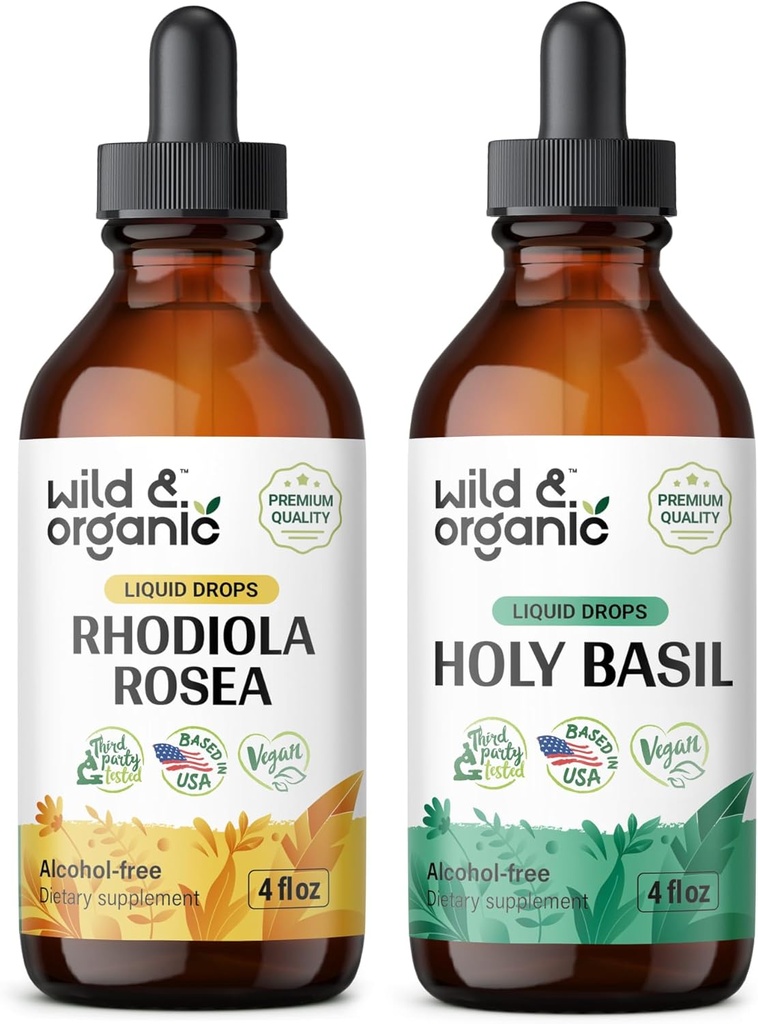Bio et sauvage Rhodiola Rosea Teinture 4 fl oz & Saint Basilic Teinture 4 fl oz