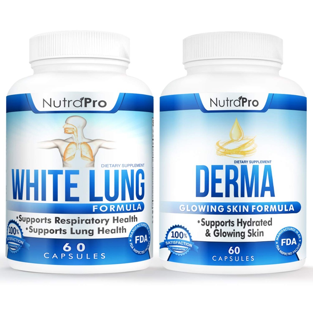 NutraPro White Lung Respiratory Health and Support + Derma - Complexe de réparation cutanée pour l'hydratation de la peau et de la peau.
