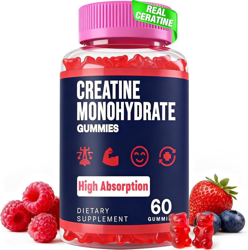 Gommies monohydratées en créatine pour les femmes et les hommes, Taurine & B6, Gommies pré-entraînement en créatine à croquer pour la croissance musculaire et la force maximale, l'énergie, l'endurance, la créatine pour les hommes et les femmes - 1 bouteille