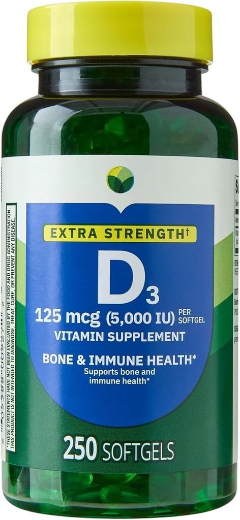 H4U Extra Strength Vitamine D3 5000 UI (125 mcg) Softgels Supporte la santé des os, des dents et des immunes.