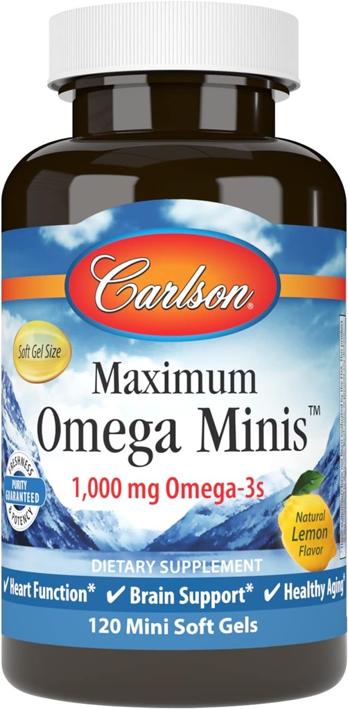 Carlson - Maximum Omega Minis, 1000 mg Omega-3s, Fonction cardiaque, Soutien du cerveau et Vieillissement en santé, Citron, 120 Mini Softgels