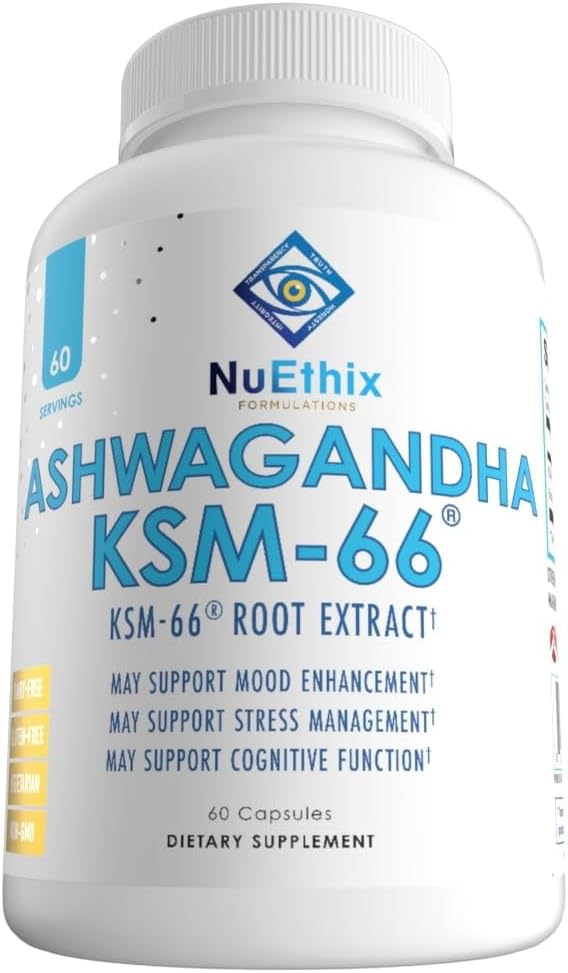 Formules NuEthix Ashwagandha KSM 66, 500mg d'extrait de racine KSM-66, d'humeur, de stress et de soutien cognitif, extrait de poivre noir biopériné, sans gluten, végétarien, sans OGM et sans lait, 60 portions