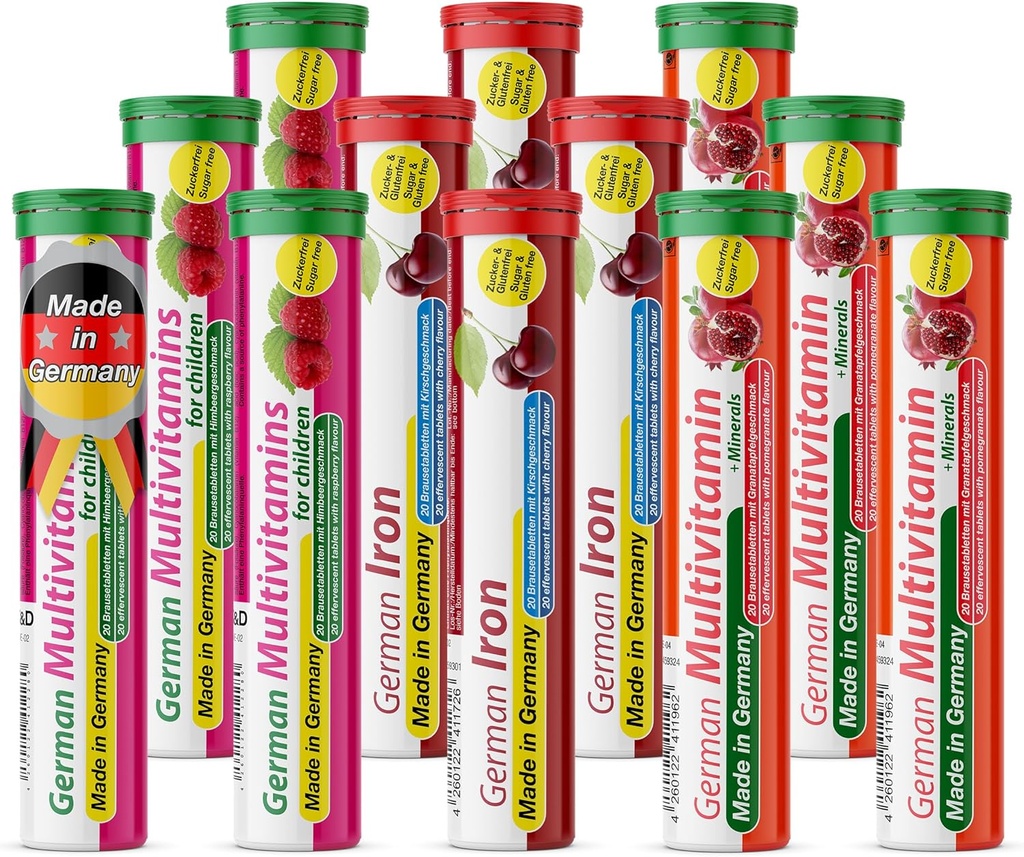 Allemagne Pink Power Pack 240 portions - Vegan, Zéro sucre - Boissons comprimés effervescents - Fer et multivitamine - T&D Pharma - Fabriqué en Allemagne