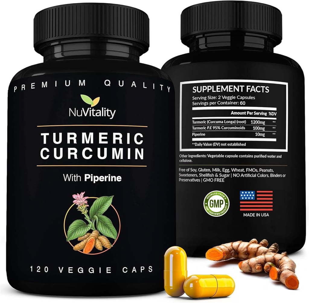 Curcumine curcumine avec extrait de poivre noir (pipérine) - 120 capsules de tumérium Veggie - Curcuminoïdes standardisés Premium 95% - Haute absorption et puissance - Supplément de soutien