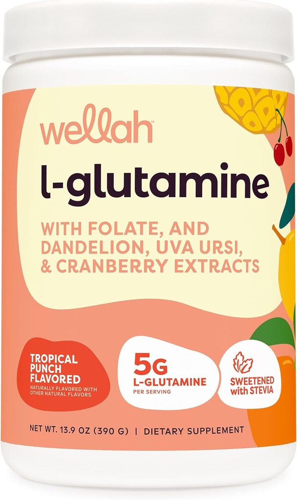 Wellah L-Glutamine Poudre Tropical Punch (50 portions) - 5g L-Glutamine par portion, sucré avec Stevia
