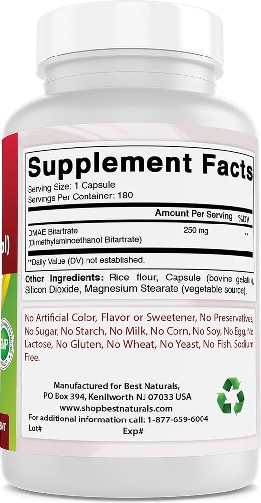 Best Naturals DMAE Supplement 250 mg & Vitamin B1 as Thiamine Mononitrate 100 mg