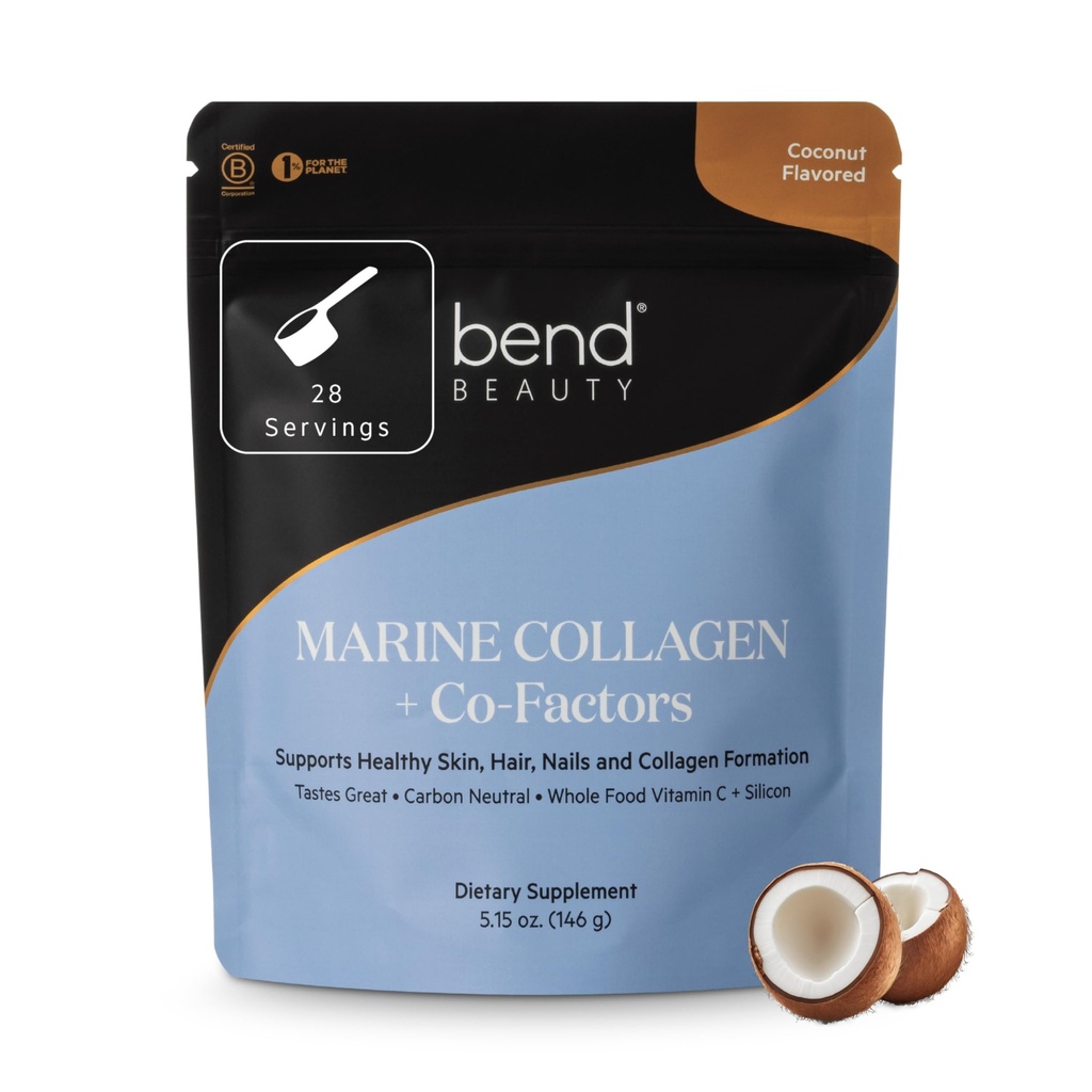 Bend Beauté Marine Collagène + Co-Facteurs , Poudre de collagène aromatisée de noix de coco , Supplément de collagène hydrolysé , Peptides de collagène de poisson + Silicone + Vitamine C , soutient peau, cheveux et ongles sains
