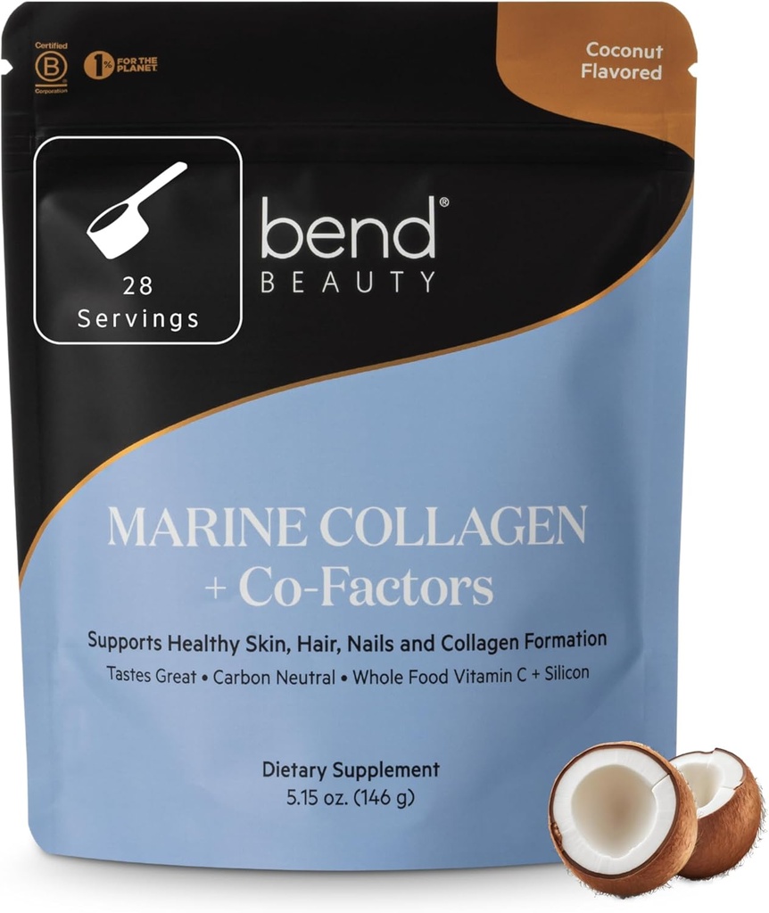 Bend Beauté Marine Collagène + Co-Facteurs , Poudre de collagène aromatisée de noix de coco , Supplément de collagène hydrolysé , Peptides de collagène de poisson + Silicone + Vitamine C , soutient peau, cheveux et ongles sains