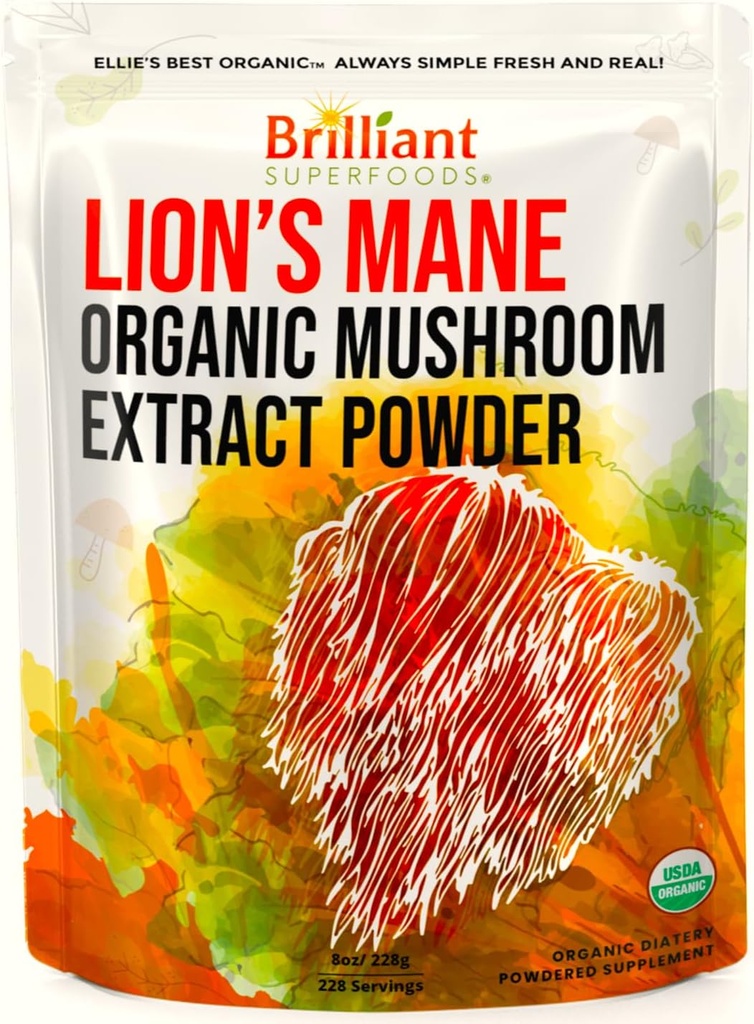 Ellie's Best Lions Mane Mushroom Extract poudre supplément biologique 228 portions - double extrait pour la plus grande puissance - Dissolves dans le café, thé, jus, etc. 8oz