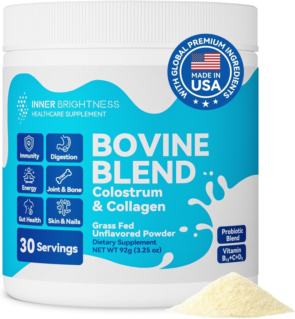 Bovin Colostrum & Collagène Poudre pour la santé de Gut, Immune Support, Supplément de croissance et de beauté des cheveux, Sans sucre – IgG, Probiotiques, Vitamine B12, C, D3 – Non aromatisé, 30 portions