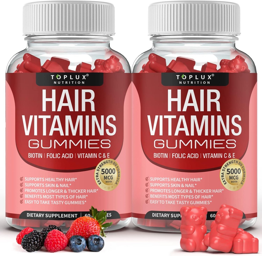 Vitamines capillaires Supplément Gummies – Gummy plus rapide de croissance des cheveux 5000mcg Biotine, Acide folique, Vitamine C & E, Soutien cheveux plus forts et épais, peau, ongles, non-OGM, pour les hommes femmes, 60 baies parfumées
