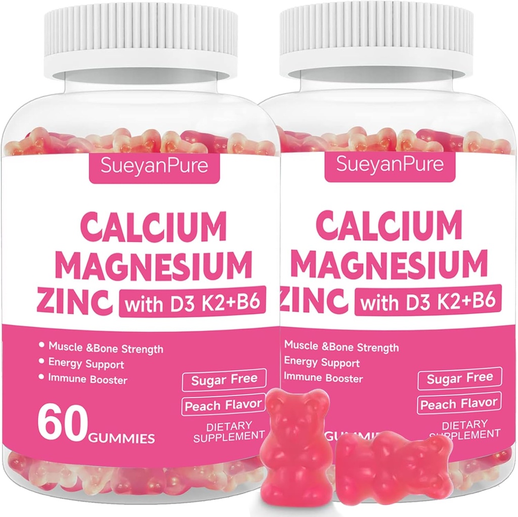Gommies de zinc de magnésium sans sucre avec VC D3 & B6 & K2 600mg Gommies de calcium avec 300mg Soutien au magnésium os et muscles pour adultes et adolescents (60 Nombre (paquet de 2))