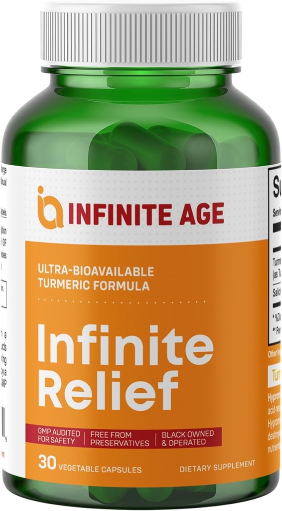 INFINITE AGE Infinite Relief Joint Support Supplément, 30 Comte - Fabriqué aux États-Unis, Vegan, Sans gluten, Tout-Natural - 250mg Extrait de curcuma Plus 240mg Salicin de l'écorce de saule blanche