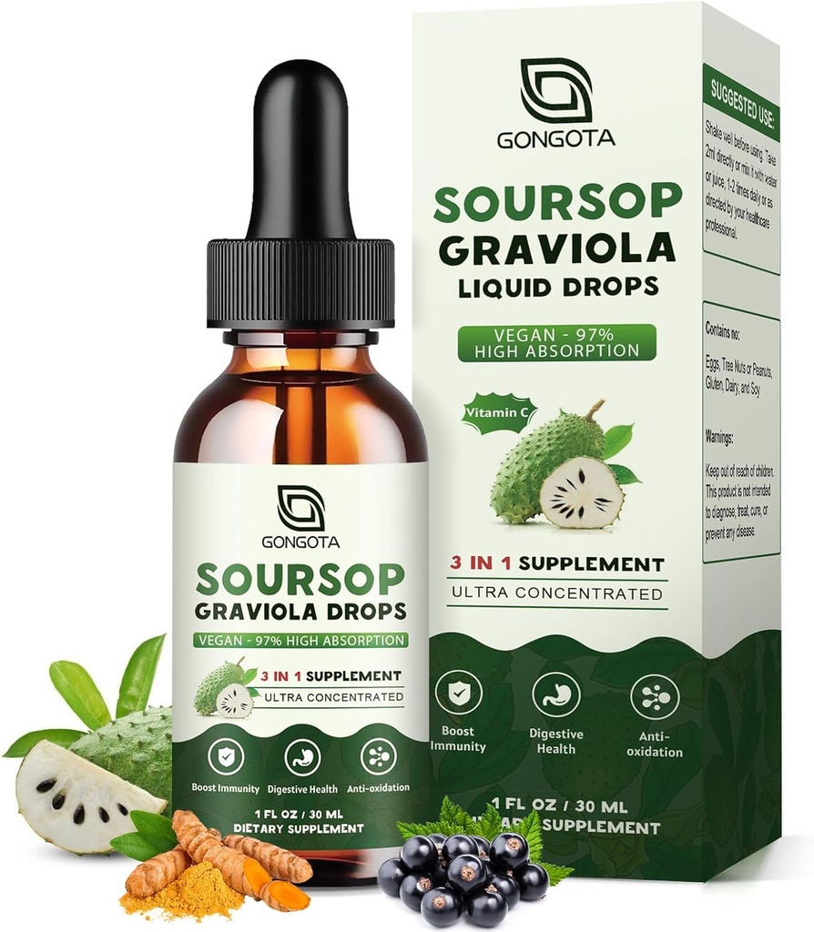 Chaussure Graviola gouttes liquides, tourbières de sourcils organiques avec mûre et curcuma pour Cellulaire, Immune, Soutien digestif, Extraits à base de plantes, Sans sucre / sans gluten - 1 fl oz