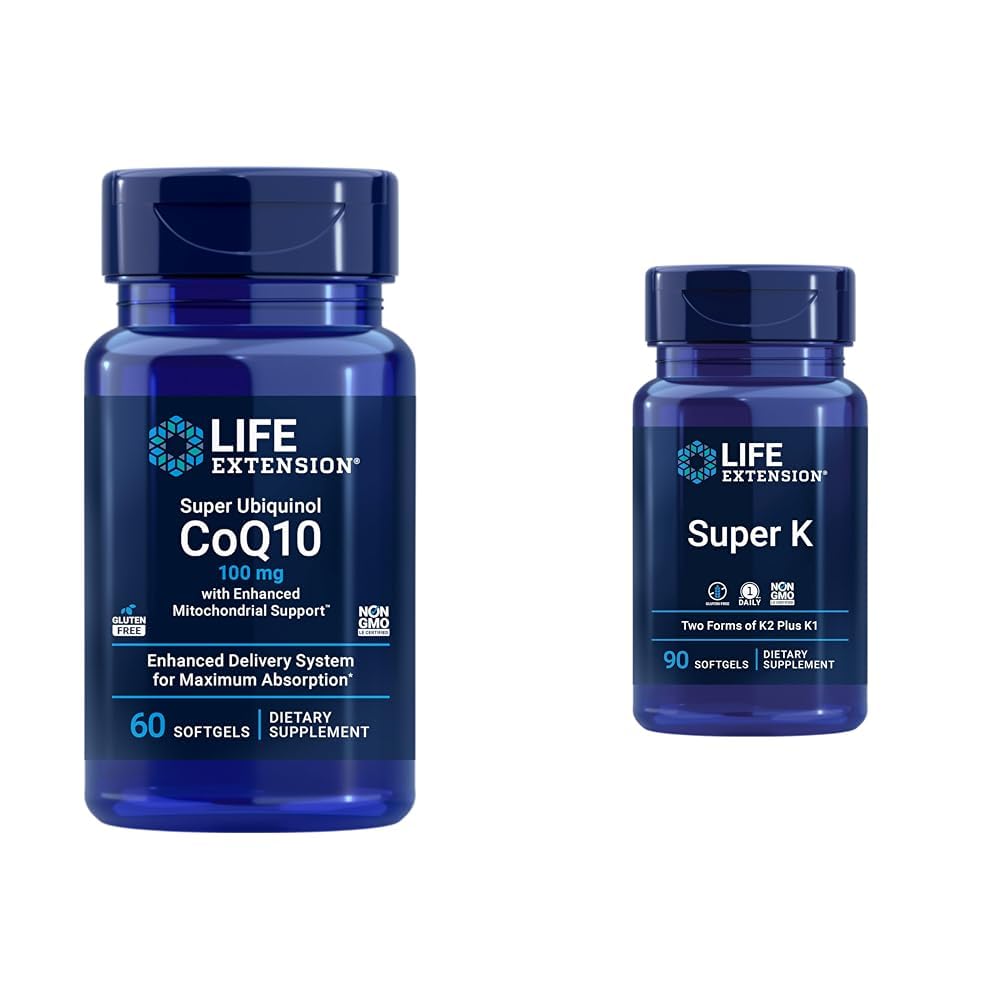 Extension de vie Super Ubiquinol CoQ10 avec soutien Mitochondrial amélioré et super K, vitamine K1, vitamine K2 mk-7, vitamine K2 mk-4