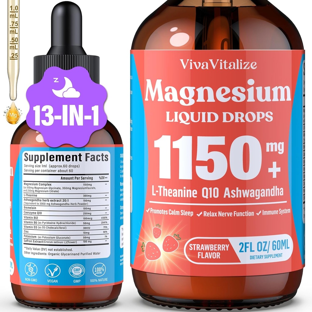 Magnésium Glycinat liquide, Triple Magnésium complexe liquide goutte, Magnésium Taurate et Citrate liquide pour adultes support de stress calme, relaxation musculaire, bonne sommeil