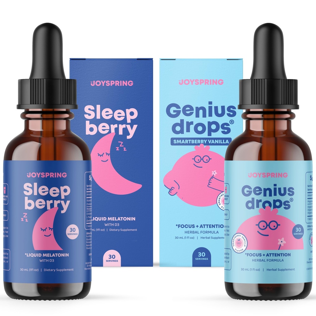 JoySpring SleepBerry Liquid Melatonin and Genius Drops Smartberry Vanilla pour les enfants