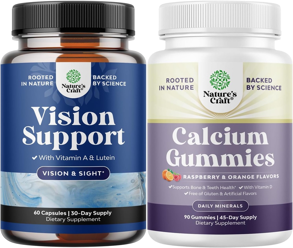 Ensemble complet de suppléments de santé oculaire pour les adultes pour la vision des yeux secs Pression et protection de la lumière bleue et haute absorption Gommies de calcium pour les femmes pour la santé osseuse et le soutien immunitaire