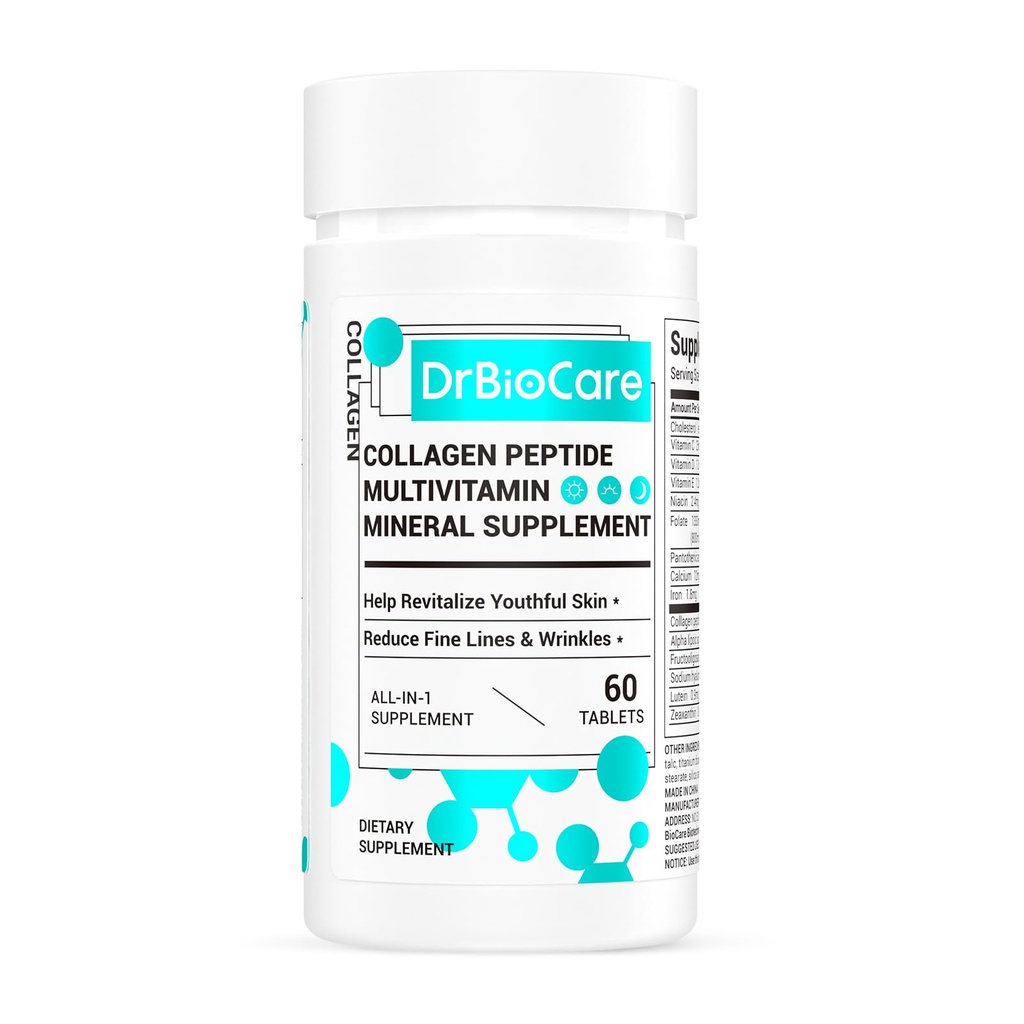 DrBioCare Collagen Peptides pour les femmes, Vitamine de beauté et supplément minéral, contient de la vitamine D3, probiotiques pour les femmes et les peptides de collagène, Complexe Vitamine B, Vitamine E 60 comprimés