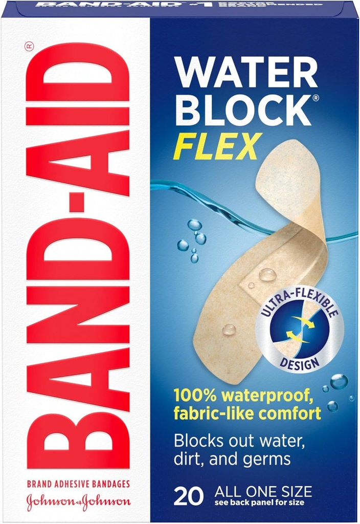 Bande-Aid marque Water Block Flex 100% étanche Bandes adhésives pour l'entretien de la première plaie d'Aid de petites coupures, Scrapes & Wounds, design ultra-flexible, stérile, toutes une taille, 20 ct