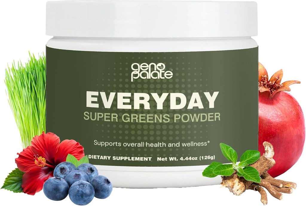 GénoPalate tous les jours Super Verts, Nutriments à base végétale avec orge, spiruline, curcuma et probiotiques, soutient l'énergie, la digestion, les antioxydants et le stress, végétalien, sans gluten, non-OGM, 30 portions