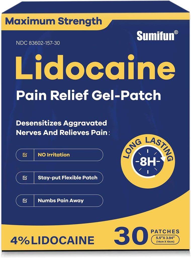 Sumifun 4% Lidocaïne Pattes de soulagement de la douleur 30 Compte de la force maximale Numbing Gel Patch pour l'articulation du cou du genou arrière Ache Muscle Douleur Sujet Analgésique FSA ou HSA Admissibilité