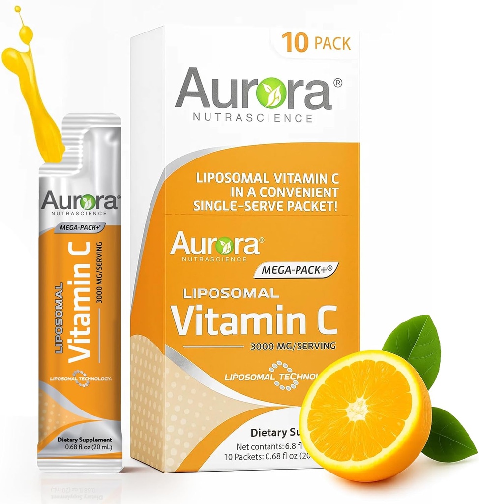 Aurora Nutrascience Mega-Pack Vitamine C liposomique, Soutien immunitaire, 3 000 mg par portion, végétalien, sans gluten, non-OGM, 10 paquets à usage unique, orange