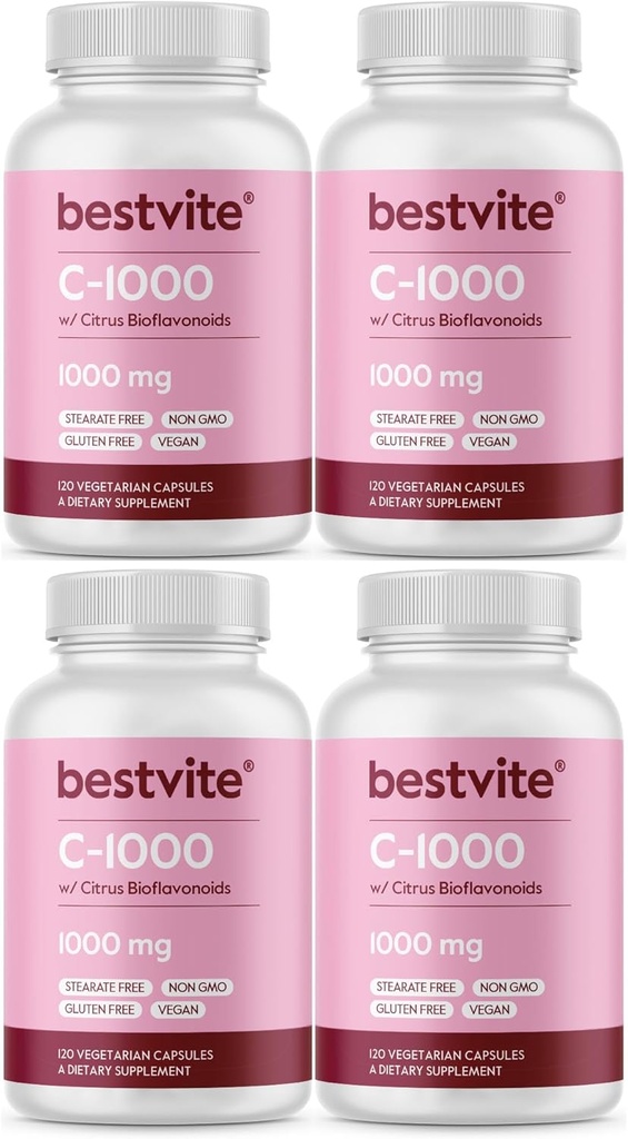 BESTVITE Vitamine C 1000mg (480 Capsules végétariennes) (120 x 4) avec les agrumes Bioflavinoides - Pas de stéarate - Vegan - Non OGM - Sans gluten