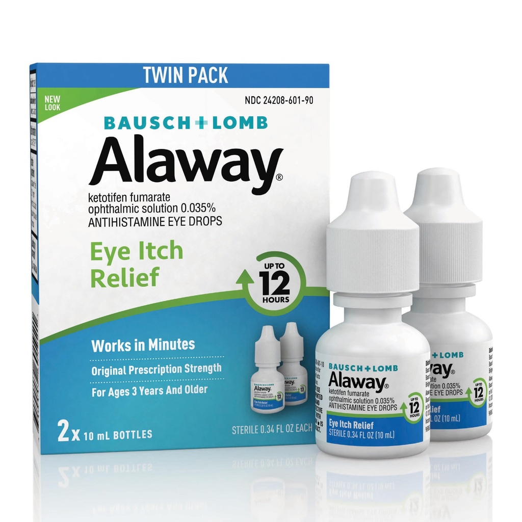 Alaway Antihistamine gouttes oculaires pour les yeux démangeaisons, à action rapide, jusqu'à 12 heures de soulagement des démangeaisons oculaires, formule cliniquement testée sur ordonnance-force, 0,34 Fl Oz (paquet de 2)