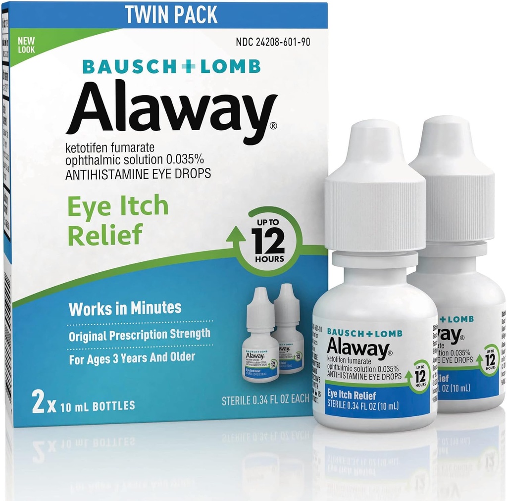 Alaway Antihistamine gouttes oculaires pour les yeux démangeaisons, à action rapide, jusqu'à 12 heures de soulagement des démangeaisons oculaires, formule cliniquement testée sur ordonnance-force, 0,34 Fl Oz (paquet de 2)