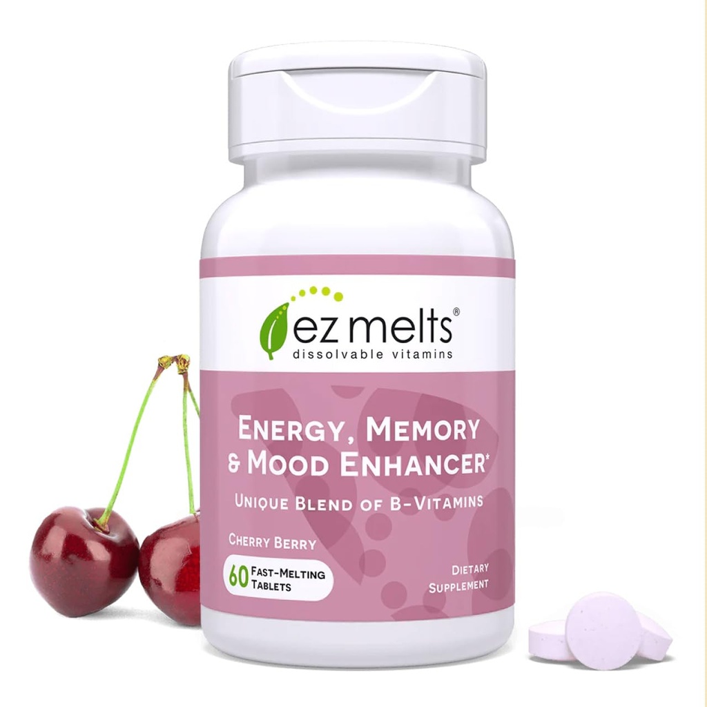 EZ Melts Dissolvable Energy, Memory and Mood Enhancer, Mélange de B-Vitamines, sans sucre, 2 mois d'approvisionnement - 1 Pack