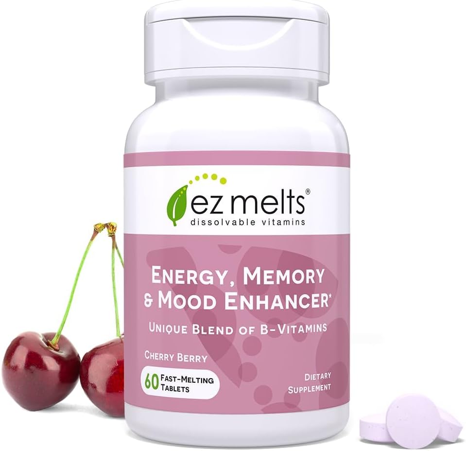 EZ Melts Dissolvable Energy, Memory and Mood Enhancer, Mélange de B-Vitamines, sans sucre, 2 mois d'approvisionnement - 1 Pack