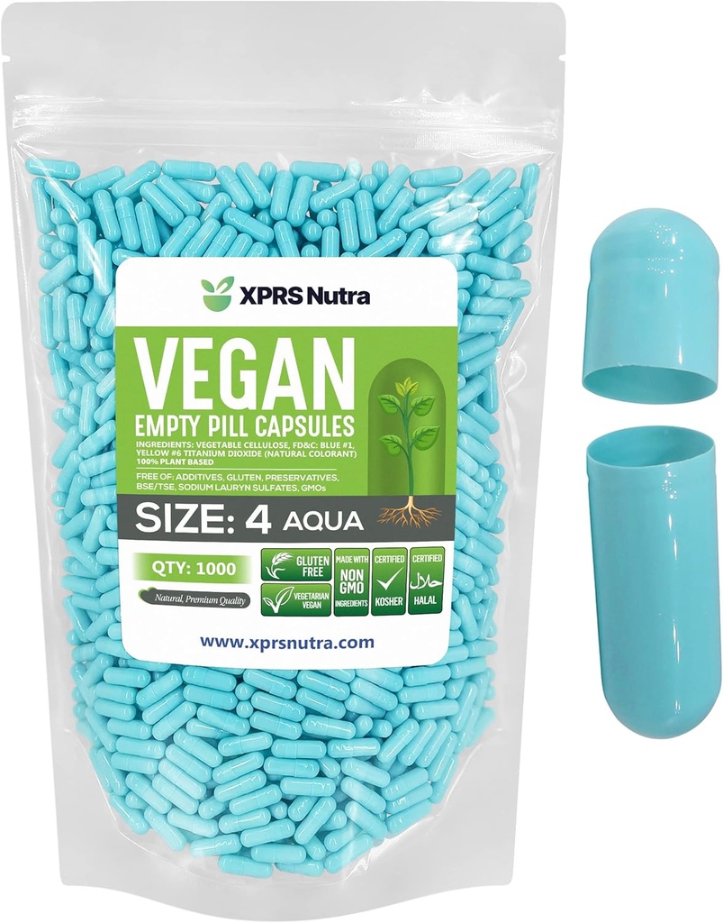 XPRS Nutra Size 4 Empty Capsules - 1000 Count Small Empty Vegan Capsules - DIY Vegetable Capsule Filling - Fillable Do-It-Yourself Veggie Pill Caps for Supplements (Aqua)