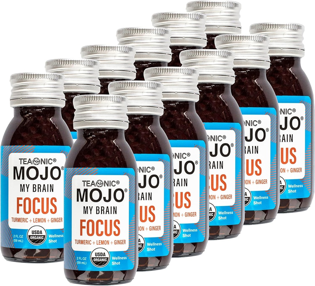 TÉOANIQUE My Brain Mojo: Focus Wellness Shots - Formule Vegan certifiée par l'USDA avec Ginkgo Biloba, Ginger, Turmeric - 12 bouteilles x 2 Fl Oz - Sans gluten, sans OGM