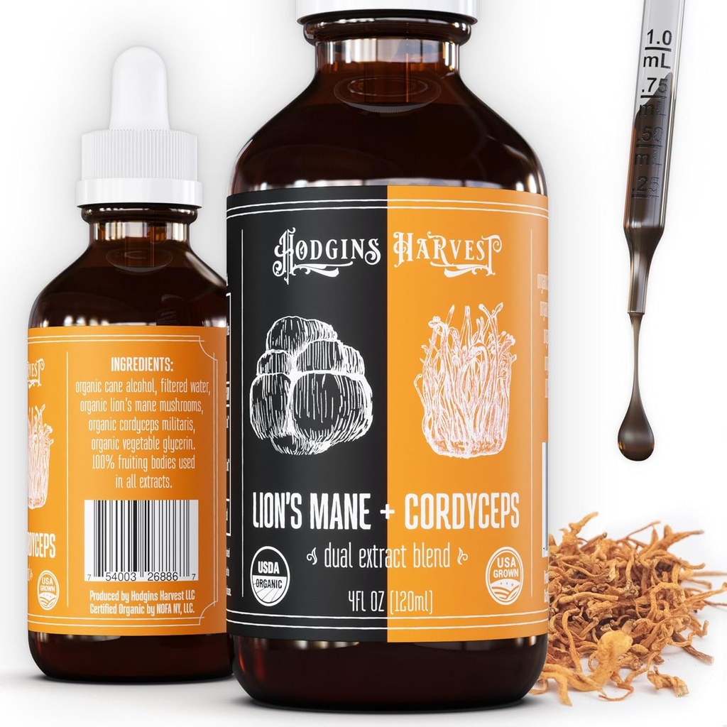 Hodgins Récolte Lion Organique de La Mane + Cordyceps Teinture de Récipient Fabriqué avec des champignons cultivés sur notre ferme aux USA