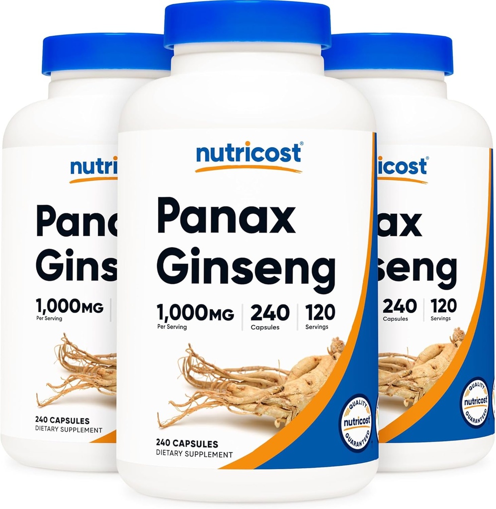 Nutricost Panax Ginseng 1000mg, 240 capsules, 3 bouteilles - Non OGM, sans gluten, 120 portions
