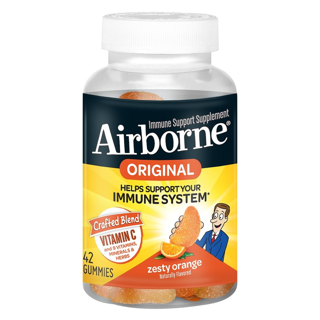 Vitamine C aéroportée 750mg (par portion) Gummées aromatisées d'orange zeste (42 Compter dans une bouteille), Supplément de soutien immunitaire sans gluten avec vitamines A C E, Sélénium, Echinacea, Ginger, Antioxydant