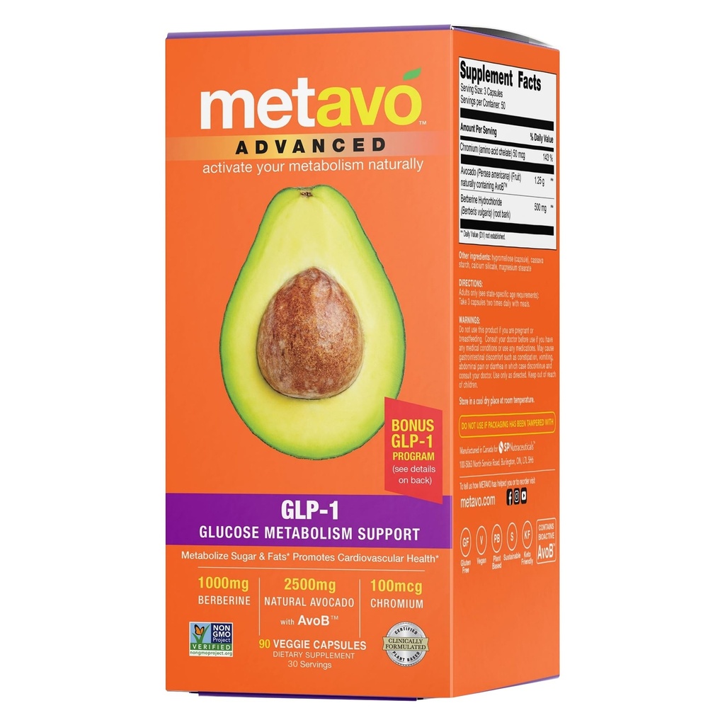 Metavo Advanced GLP-1 Métabolisme Support – Boost Métabolisme, gérer les spikes de glucose et améliorer l'énergie – 90 capsules faciles à avaler