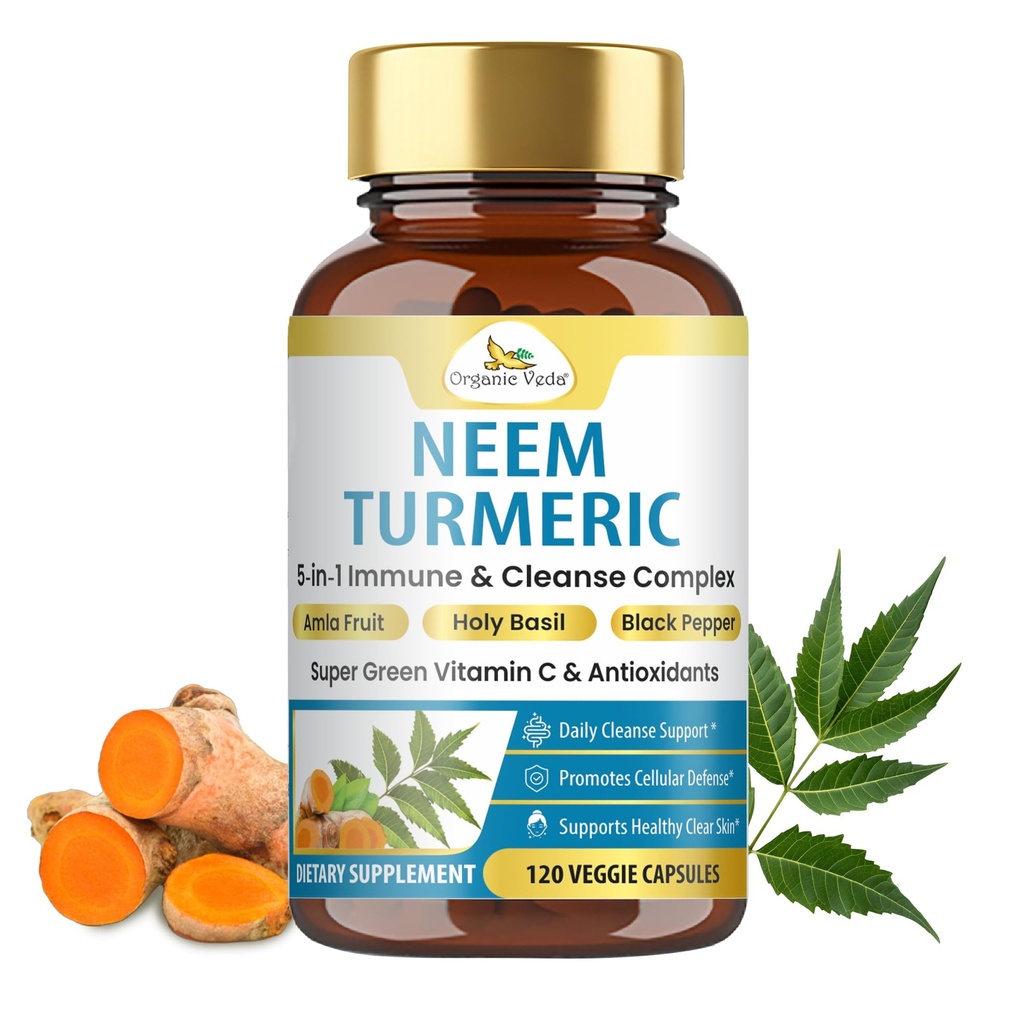 Veda Organic Neem & Turmeric Capsules avec Amla Fruit, Tulsi, Saint Basilic, Extrait de poivre noir - Immuni Support Dietary Supplément - Boosts Healthy Clear Peau & Défense Cellulaire - 120 Capsules Vegan