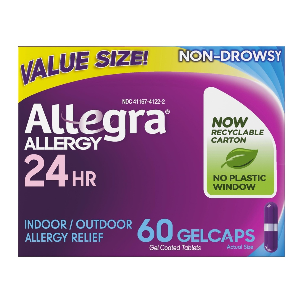 Allegra Gelcaps antiallergiques adultes 24 heures sur 24, médicaments antiallergiques intérieurs et extérieurs non somnolents, 180 mg Fexofenadine HCI Antihistamine Pill, 60-Count