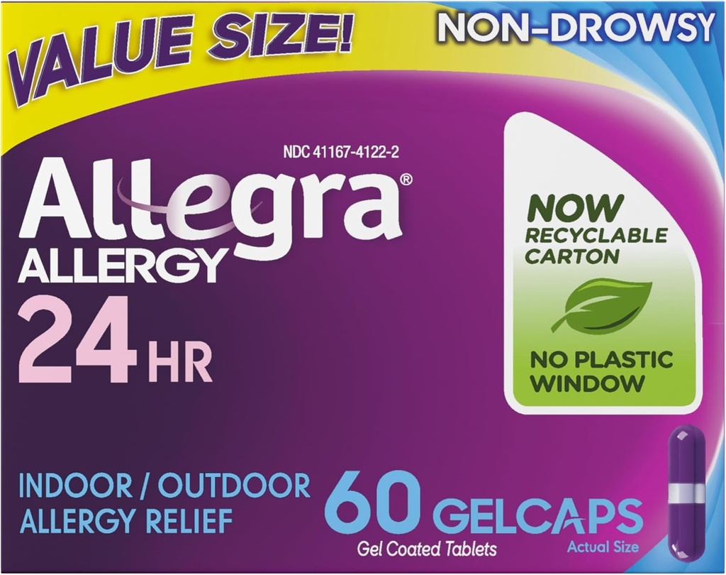 Allegra Gelcaps antiallergiques adultes 24 heures sur 24, médicaments antiallergiques intérieurs et extérieurs non somnolents, 180 mg Fexofenadine HCI Antihistamine Pill, 60-Count